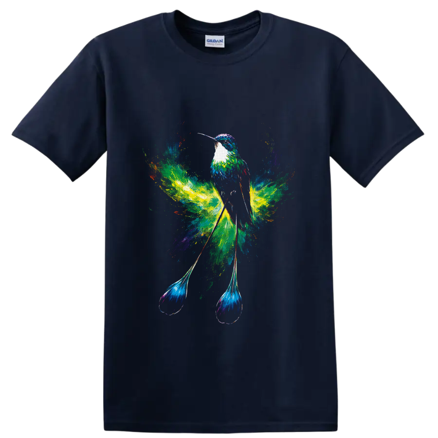 Colorful hummingbird with flowing tail feathers in a vibrant watercolor splash design on a Navy (Blue) T Shirt