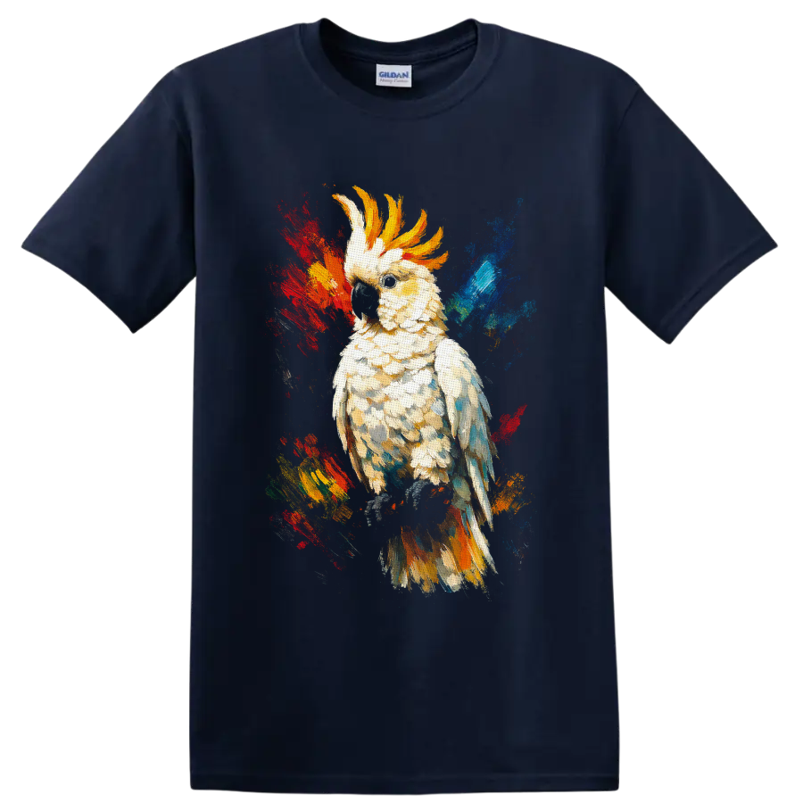 White cockatoo with golden crest in colorful textured watercolor splash art on a Navy (Blue) T Shirt