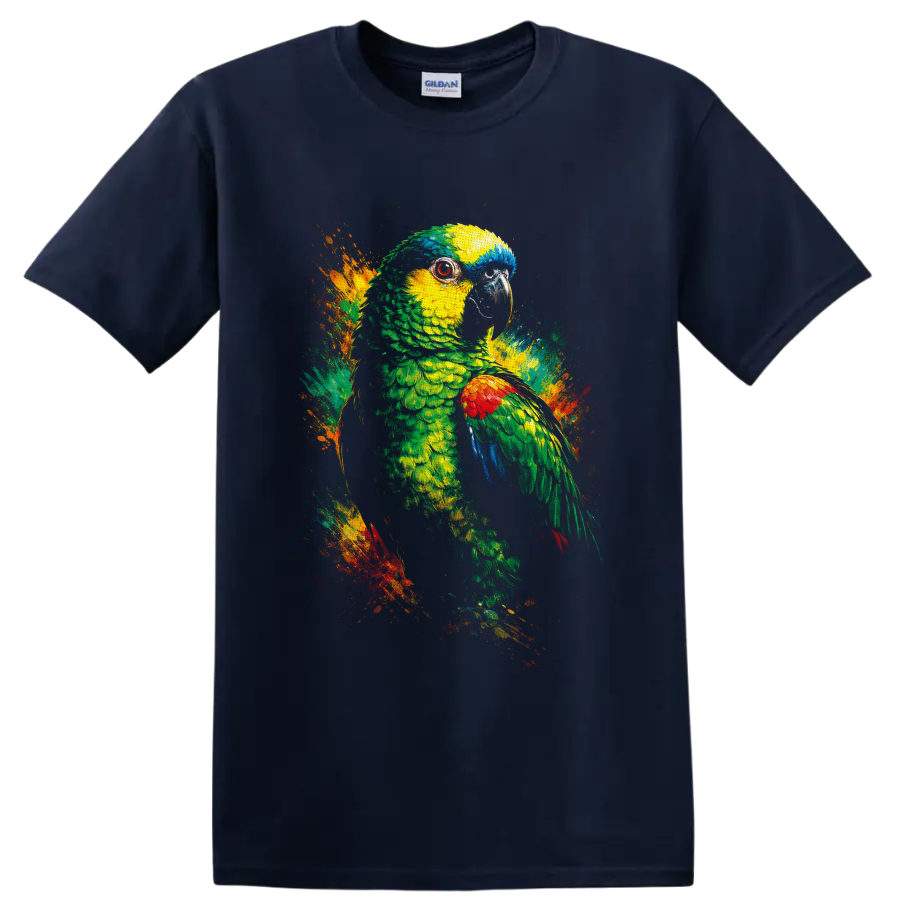 Colorful parrot portrait with tropical paint splashes in a vivid painterly style on a Navy (Blue) T Shirt