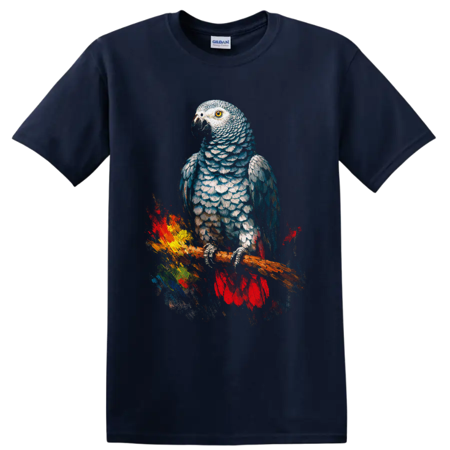 African grey parrot watercolor-style portrait perched on a branch with colorful paint on a Navy (Blue) T Shirt