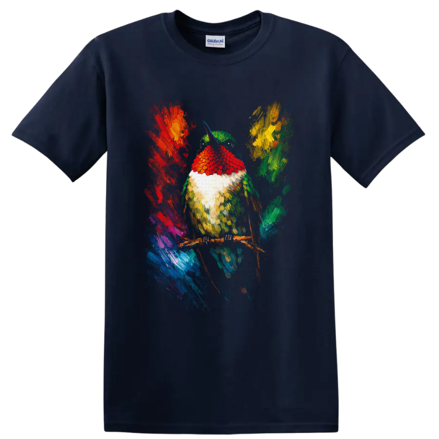 Colorful painterly hummingbird perched on a branch with abstract tropical brushstrokes on a Navy (Blue) T Shirt