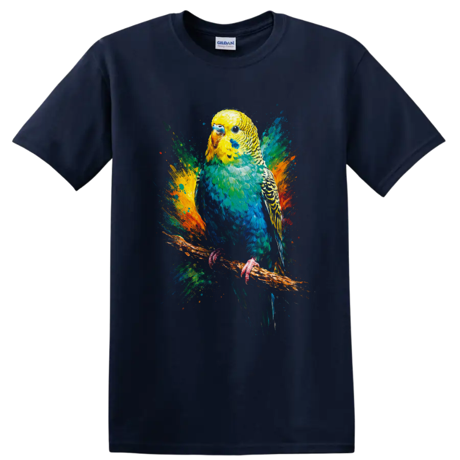 Color splash painting of a yellow and blue budgerigar perched on a branch on a Navy (Blue) T Shirt