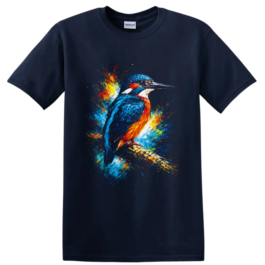Blue and orange kingfisher perched on a branch in vibrant multicolor splash art on a Navy (Blue) T Shirt