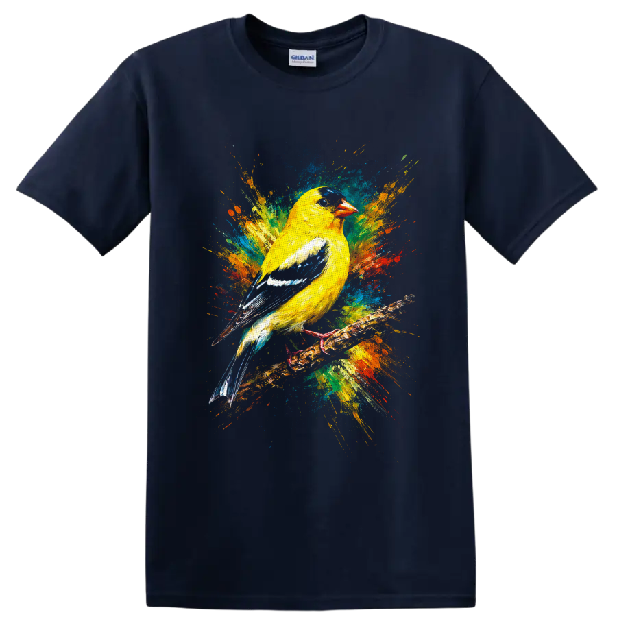 American goldfinch perched on a branch with vibrant abstract paint splashes on a Navy (Blue) T Shirt