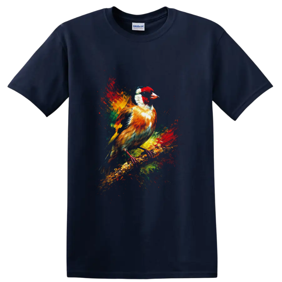 European goldfinch perched on a branch in colorful paint-splash wildlife art on a Navy (Blue) T Shirt