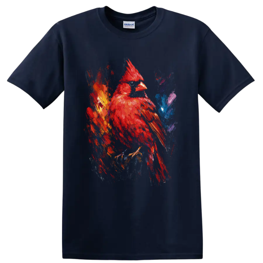 Red cardinal in colorful abstract paint splash wildlife art on a Navy (Blue) T Shirt