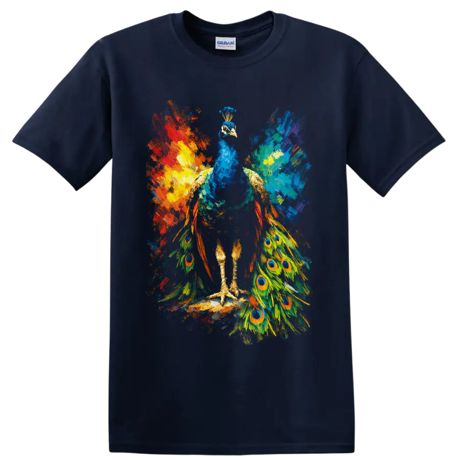 Colorful abstract painterly peacock with blue body and eye-patterned tail feathers on a Navy (Blue) T Shirt