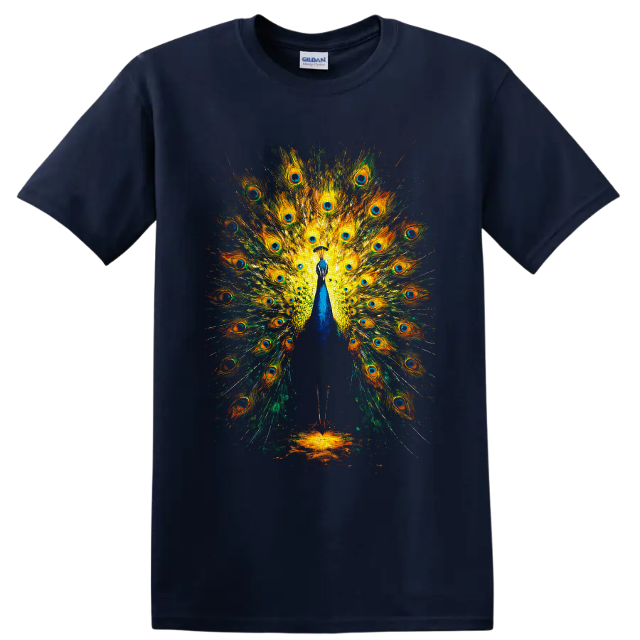 Colorful painterly peacock with a fully spread fan of eye-patterned feathers on a Navy (Blue) T Shirt