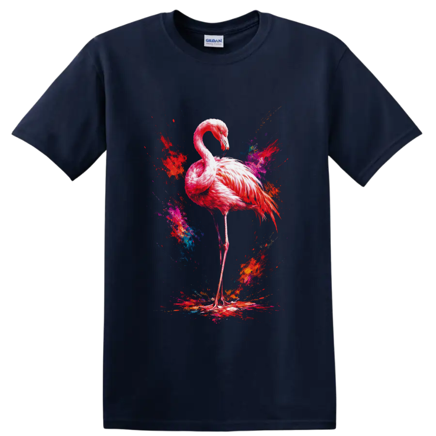 Pink flamingo in vivid abstract paint-splash art on a Navy (Blue) T Shirt