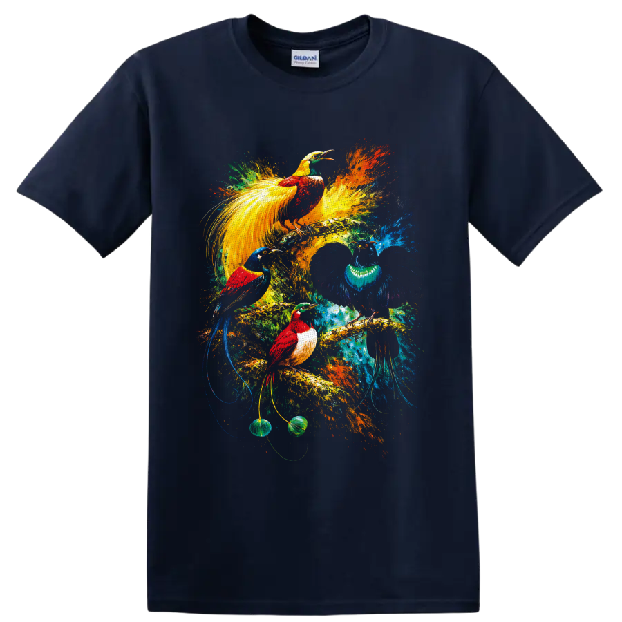 Colorful painterly tropical birds with long tails amid vibrant rainforest splashes on a Navy (Blue) T Shirt