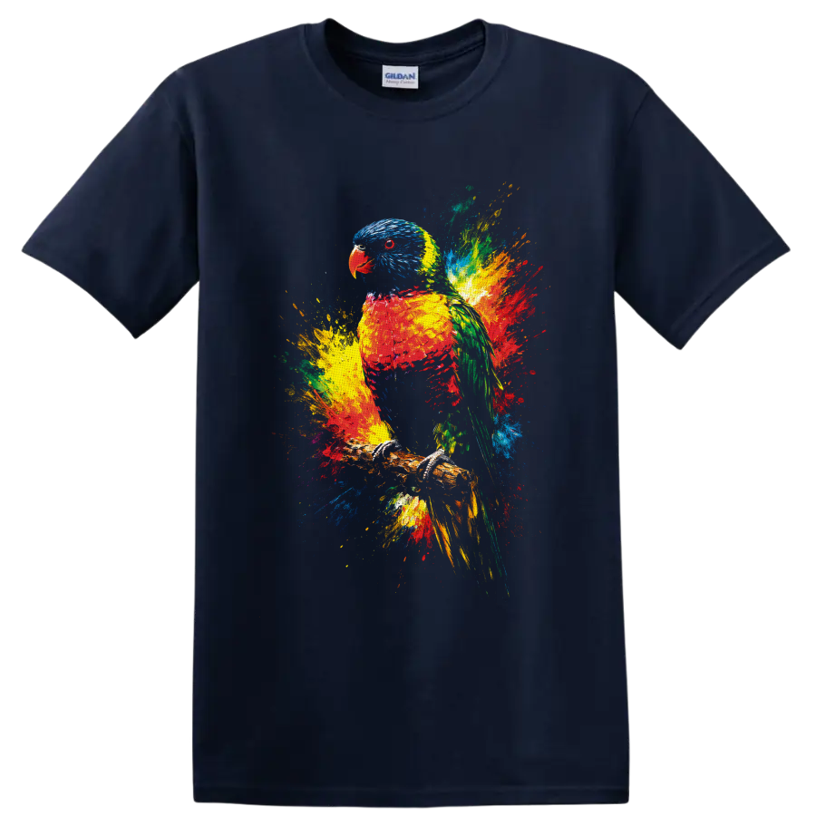 Rainbow lorikeet perched on a branch in vibrant multicolor paint-splash art on a Navy (Blue) T Shirt
