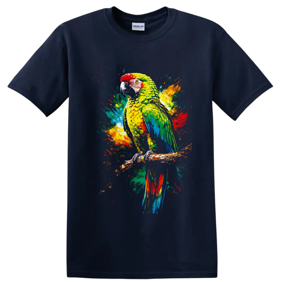 Colorful parrot wildlife art with tropical paint splashes on a branch on a Navy (Blue) T Shirt