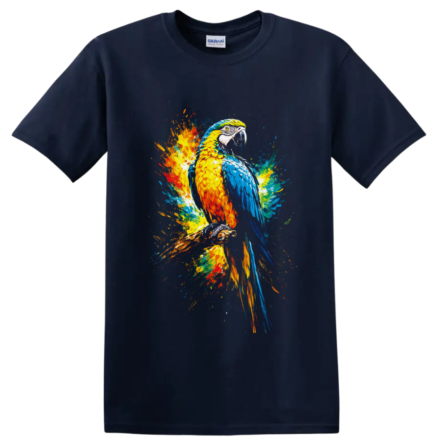 Colorful macaw parrot perched on a branch in vibrant paint splash art on a Navy (Blue) T Shirt
