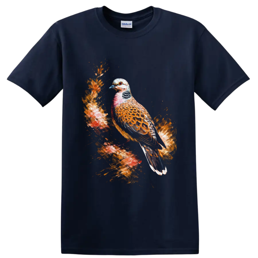 Watercolor turtle dove perched on a textured woodland branch with warm foliage on a Navy (Blue) T Shirt