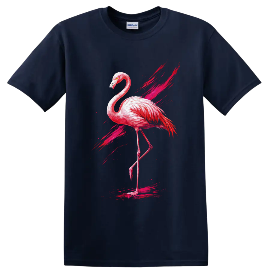 Pink flamingo in watercolor style with fuchsia brushstroke and splatter accents on a Navy (Blue) T Shirt