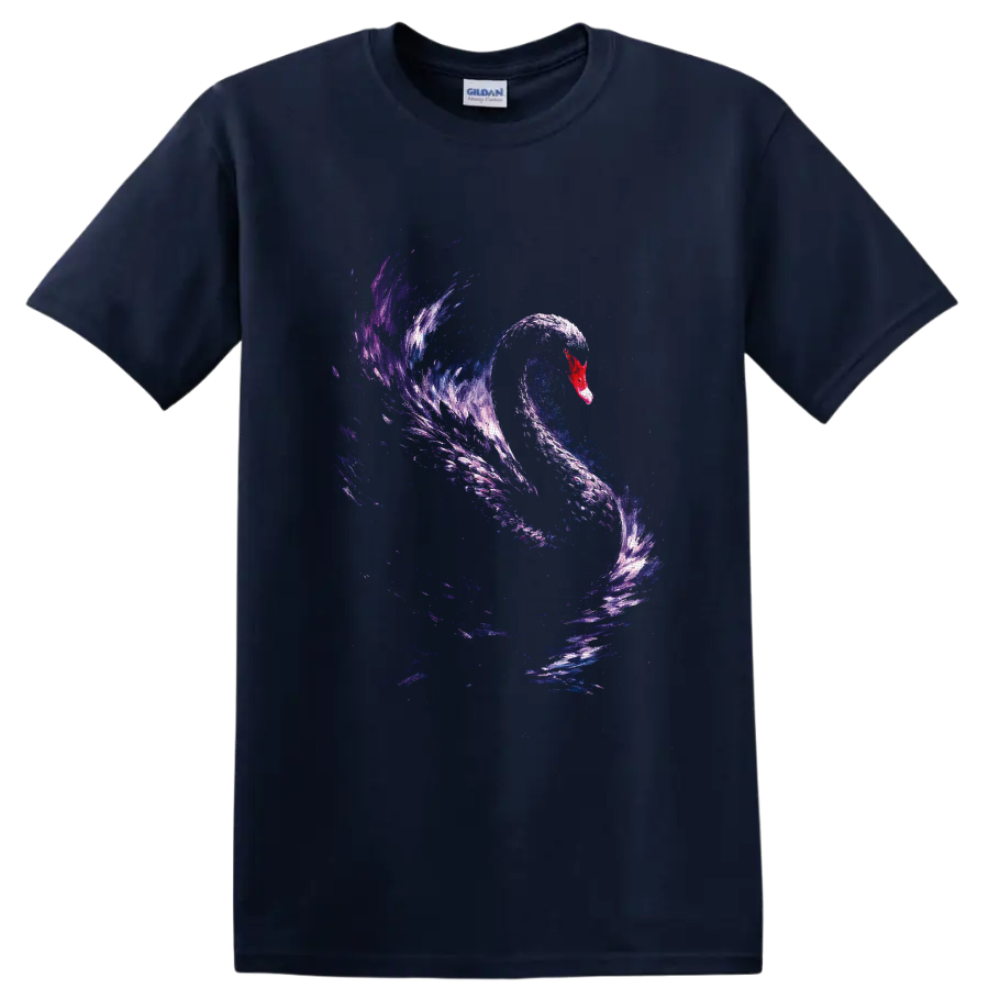 Cosmic watercolor swan with a red bill and flowing blue and purple galaxy brushstrokes on a Navy (Blue) T Shirt