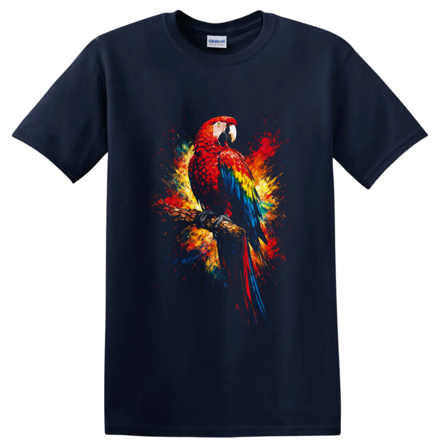 Scarlet macaw perched on a branch with colorful tropical paint-splash art on a Navy (Blue) T Shirt