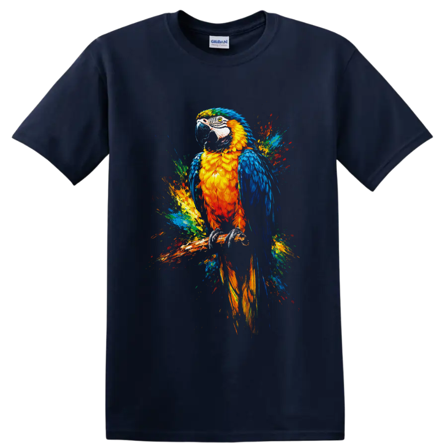 Colorful macaw parrot perched on a branch in vivid tropical paint-splash art on a Navy (Blue) T Shirt