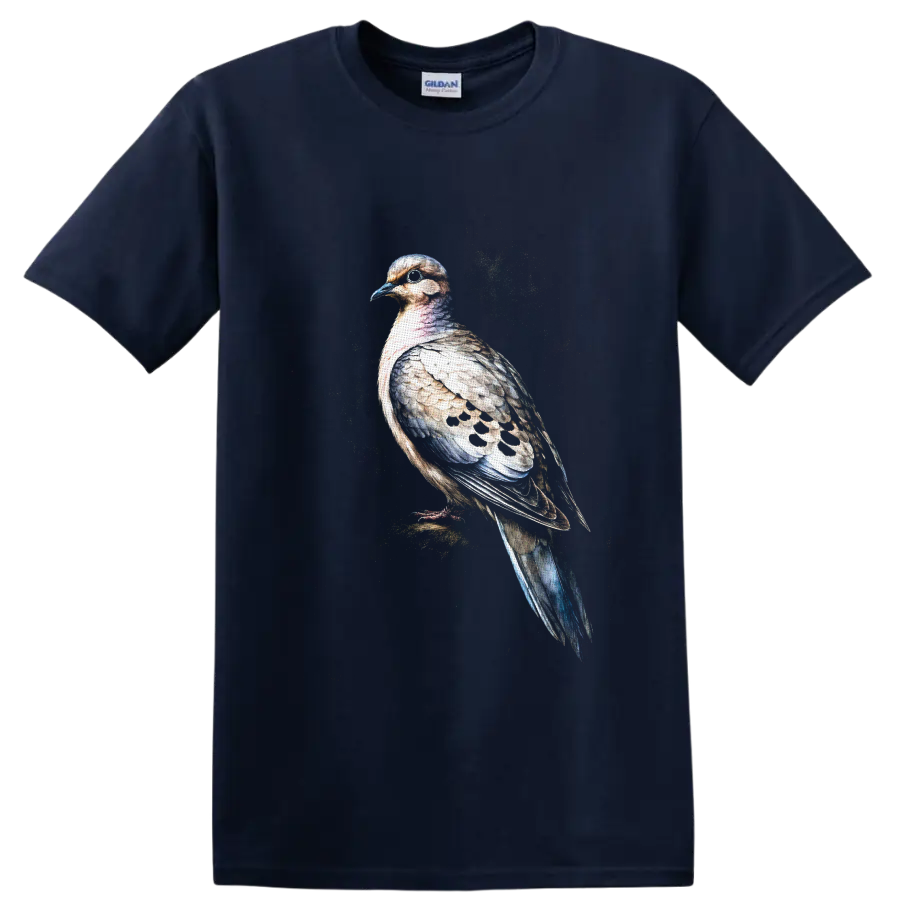 Watercolor-style mourning dove portrait with spotted wings and speckled backdrop on a Navy (Blue) T Shirt