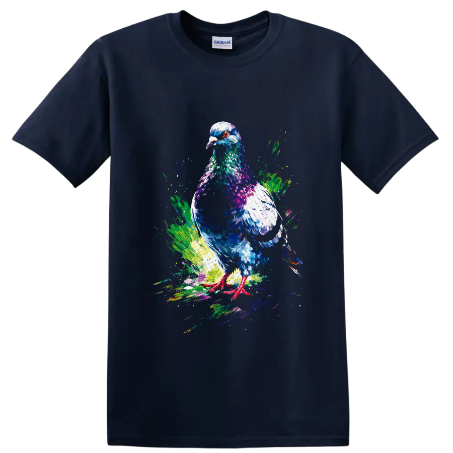 Colorful paint splash pigeon illustration with vivid layered feathers and orange eye on a Navy (Blue) T Shirt