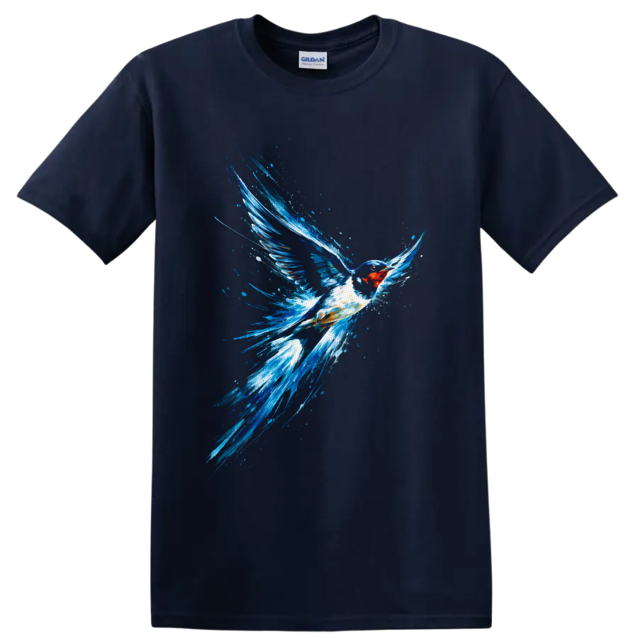 Barn swallow in flight with vivid blue watercolor splashes and a rust-red throat on a Navy (Blue) T Shirt