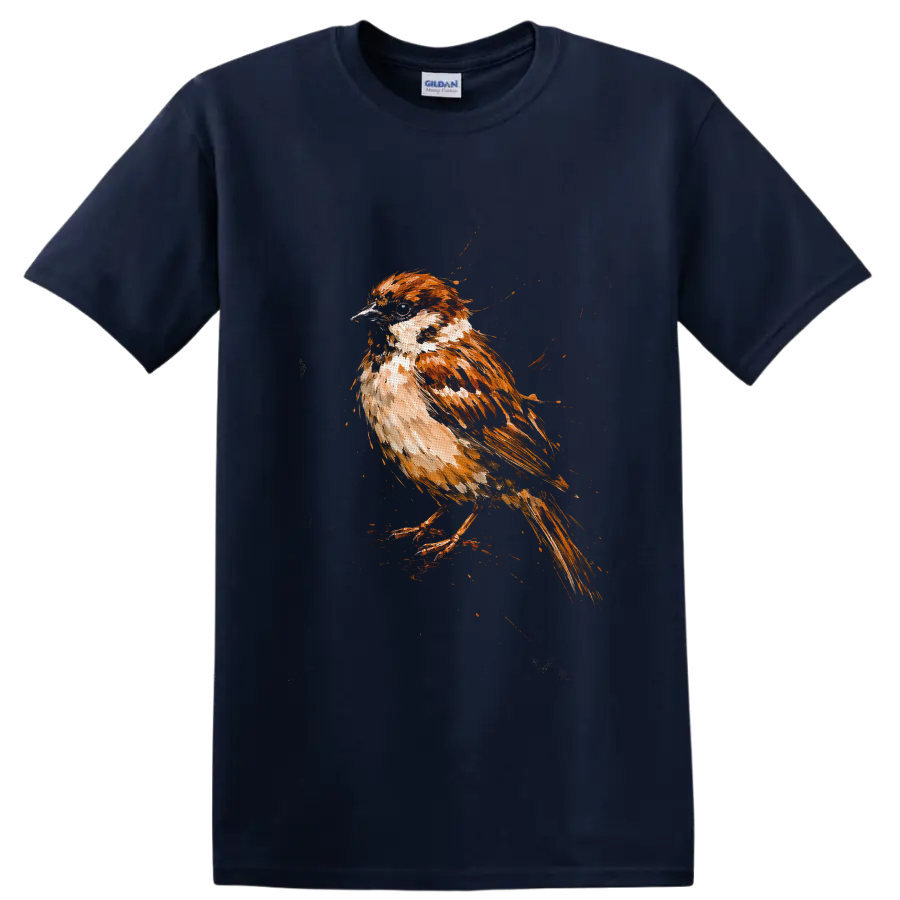 Watercolor-style house sparrow perched in warm brown and cream painterly strokes on a Navy (Blue) T Shirt