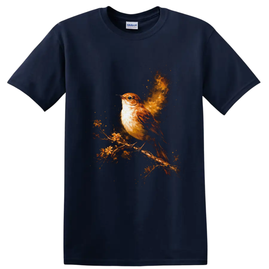 Painterly brown sparrow on a flowering branch with a glowing golden fireburst on a Navy (Blue) T Shirt