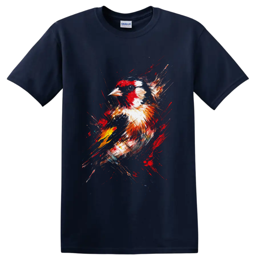 Northern Cardinal portrait in expressive red and white paint-splash wildlife art on a Navy (Blue) T Shirt
