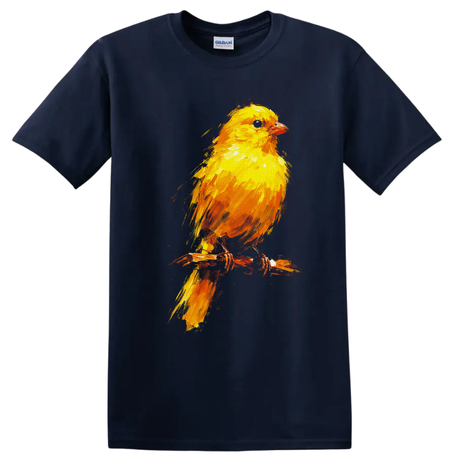 Colorful painted yellow songbird perched on a rustic branch on a Navy (Blue) T Shirt