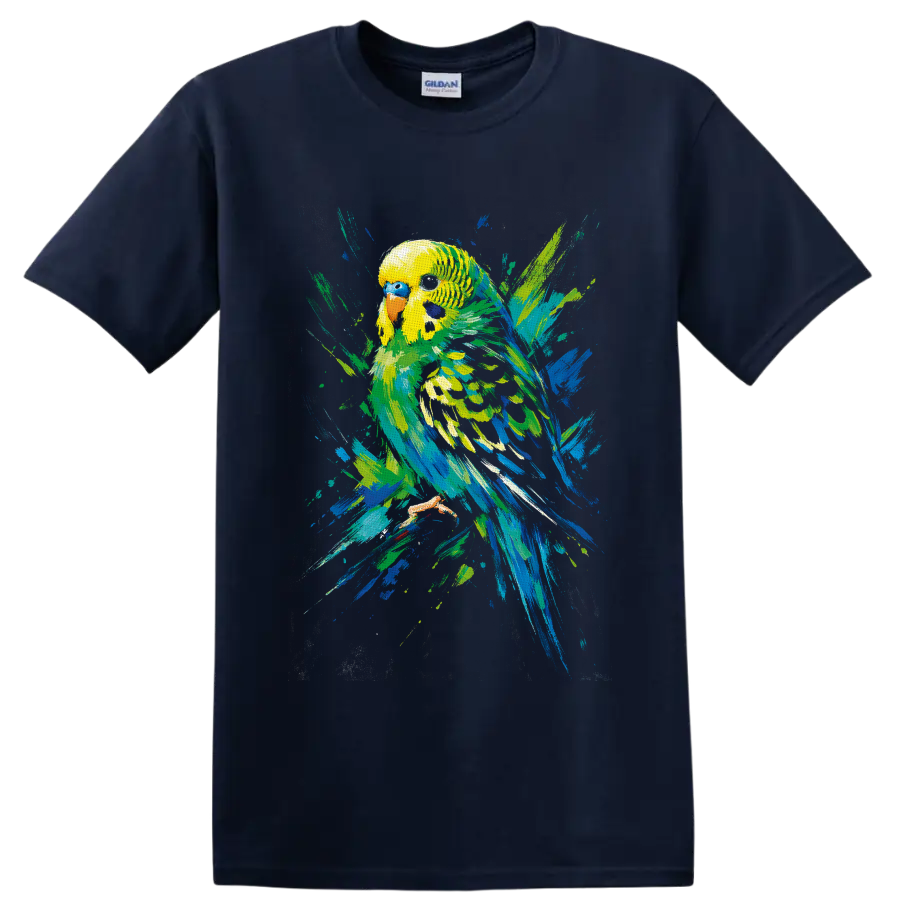 Colorful budgerigar parakeet in expressive blue, green, and yellow brushstroke art on a Navy (Blue) T Shirt