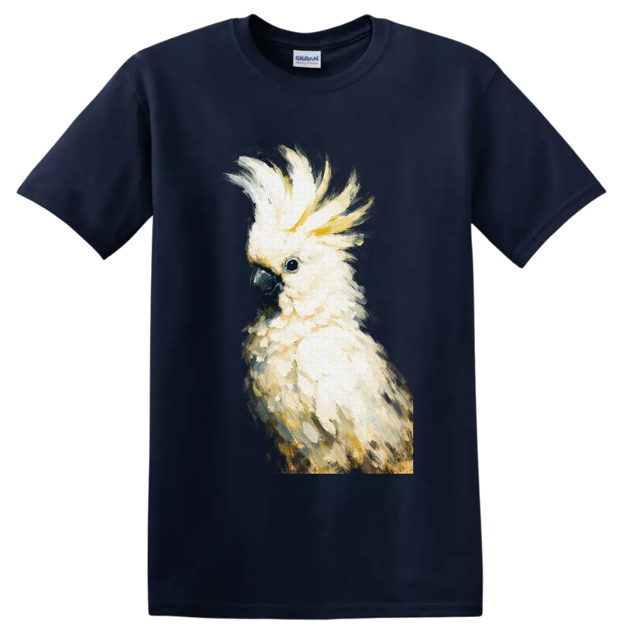 Painterly sulphur-crested cockatoo portrait with raised yellow crest on a Navy (Blue) T Shirt