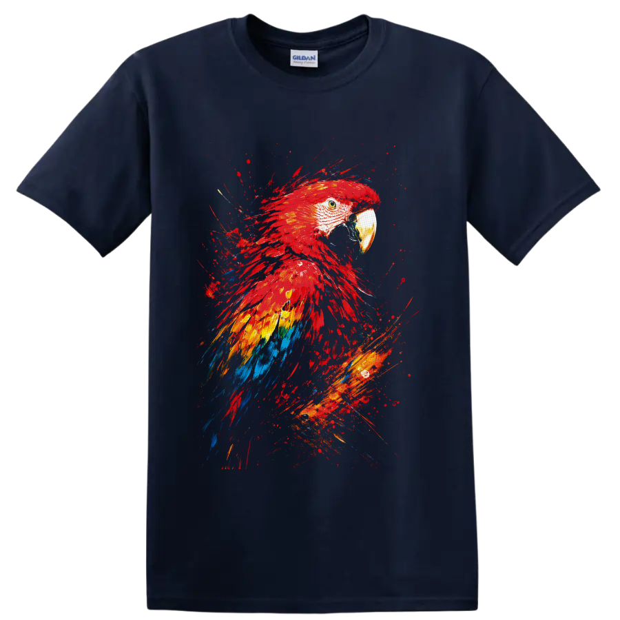 Scarlet Macaw portrait in vibrant red, yellow, blue, and orange paint splash art on a Navy (Blue) T Shirt