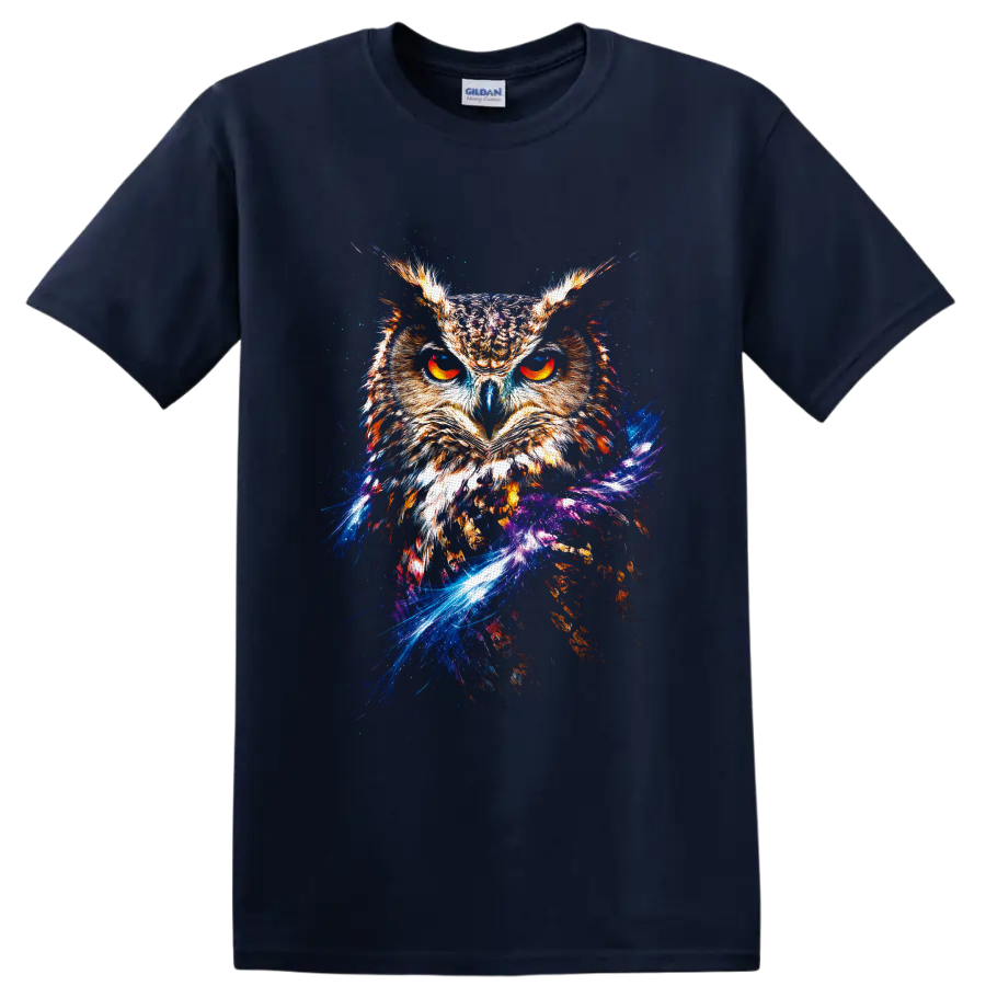 Fiery owl portrait with glowing orange eyes and cosmic galaxy splash artwork on a Navy (Blue) T Shirt