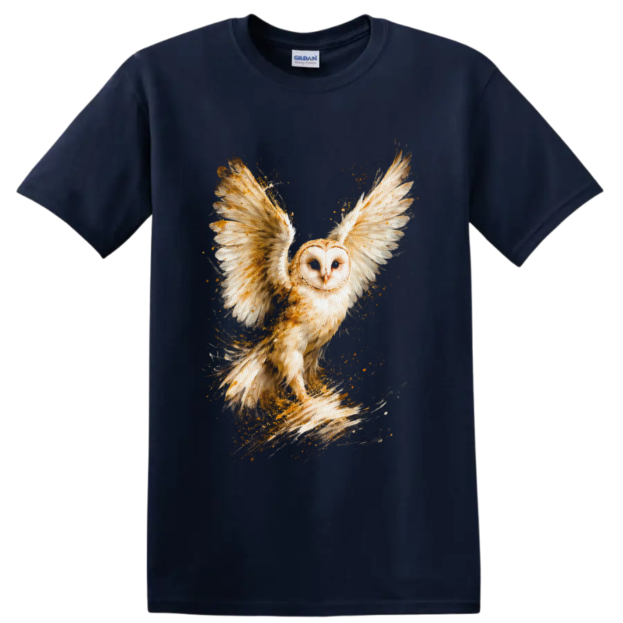 Barn owl in flight with spread wings in golden watercolor wildlife art on a Navy (Blue) T Shirt