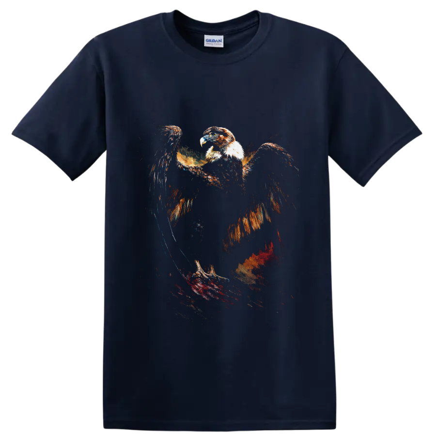 Bald eagle with outstretched wings in distressed patriotic painterly splatter art on a Navy (Blue) T Shirt