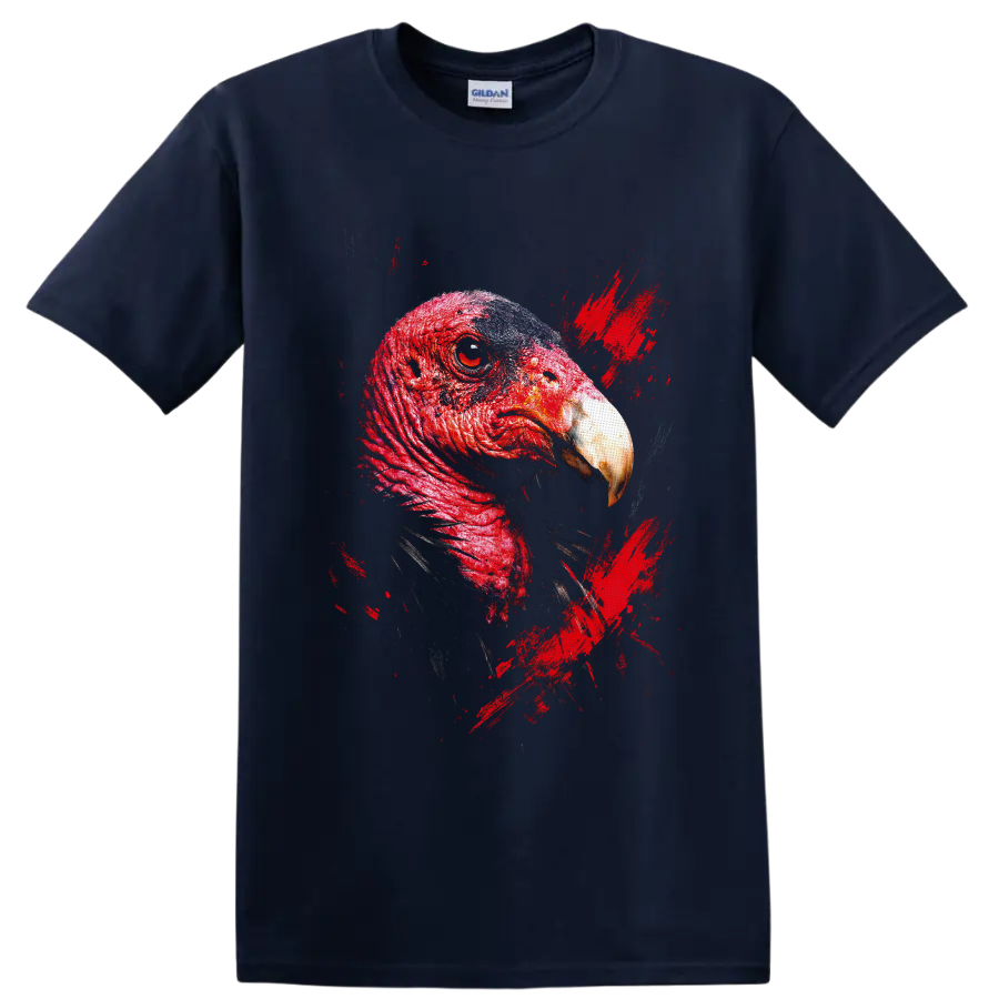 Red turkey bird portrait in detailed grunge style with distressed paint splashes on a Navy (Blue) T Shirt