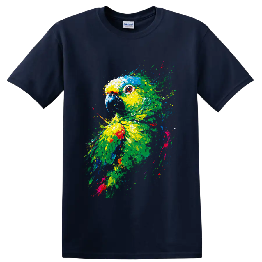 Colorful parrot portrait in vibrant tropical paint splatter art on a Navy (Blue) T Shirt