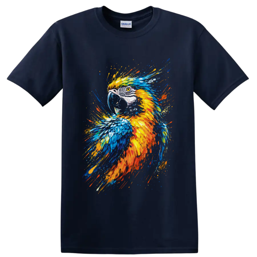 Colorful macaw parrot portrait in vivid blue, yellow, and orange paint-splash art on a Navy (Blue) T Shirt