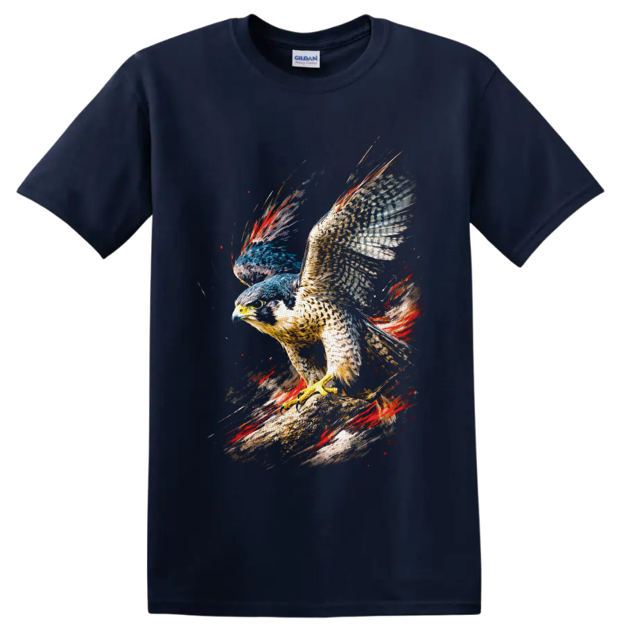 Peregrine falcon on a branch in colorful paint-splash wildlife art on a Navy (Blue) T Shirt