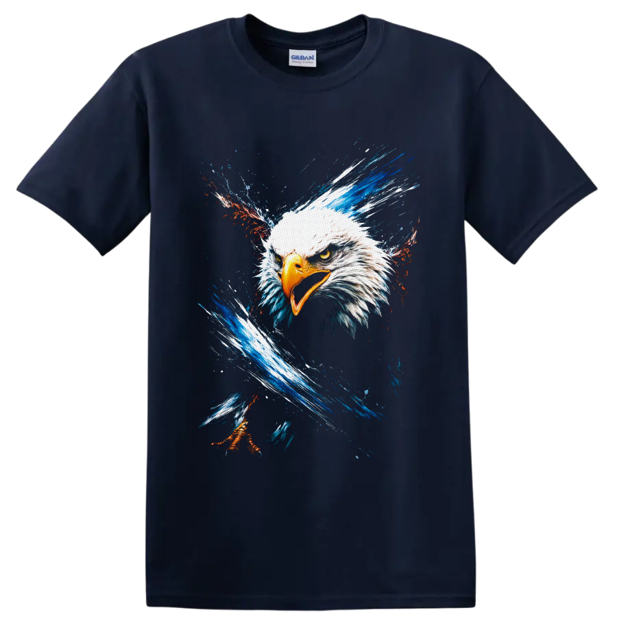 Fierce bald eagle portrait with red, white, and blue splash art on a Navy (Blue) T Shirt