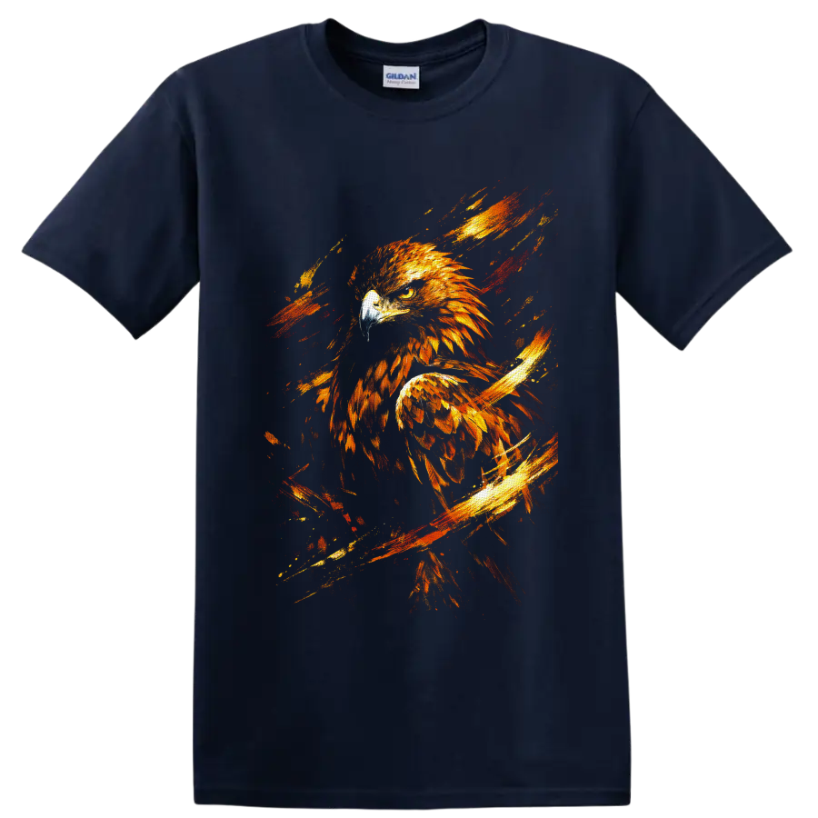 Fiery golden eagle illustration with textured feathers and red-orange brushstrokes on a Navy (Blue) T Shirt
