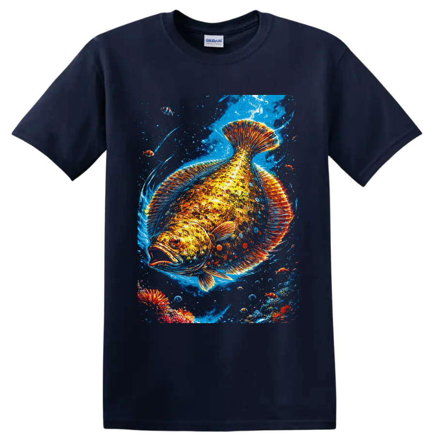 Vibrant tropical fish illustration with fiery fins, blue currents, bubbles, and small fish on a Navy (Blue) T Shirt