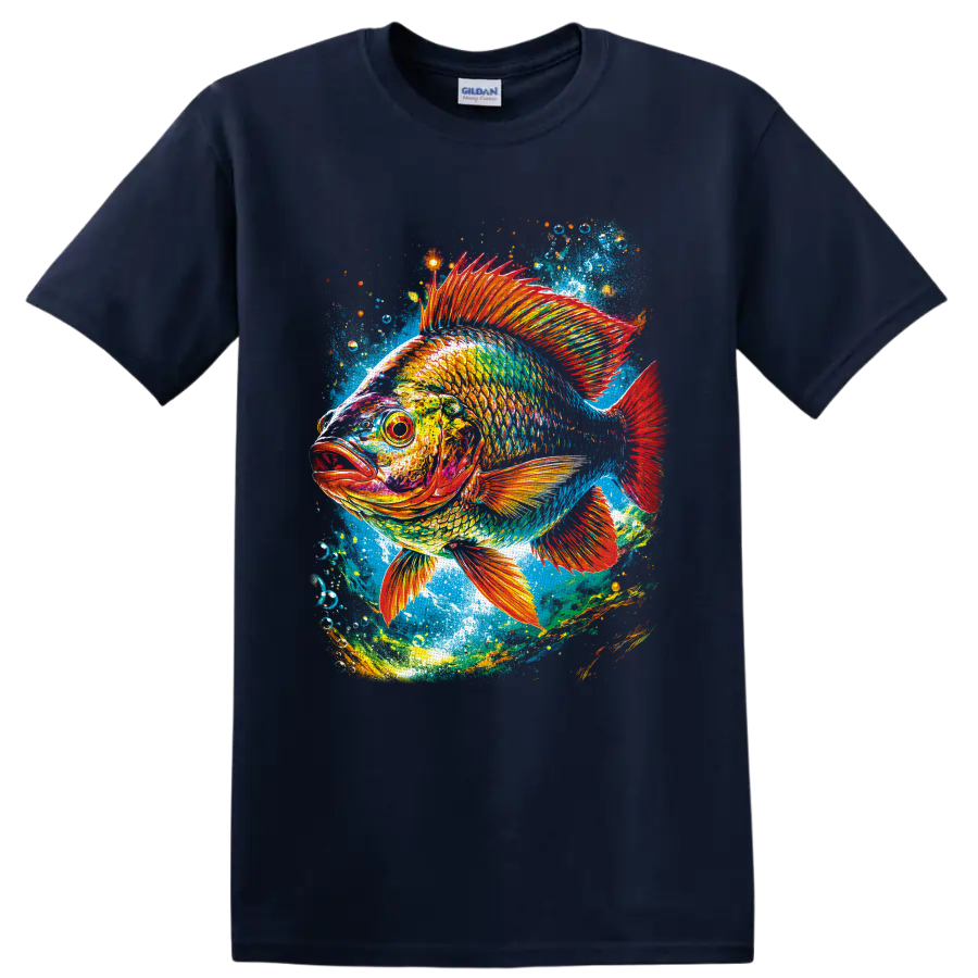 Colorful tropical fish with fiery fins in painterly underwater splash art on a Navy (Blue) T Shirt