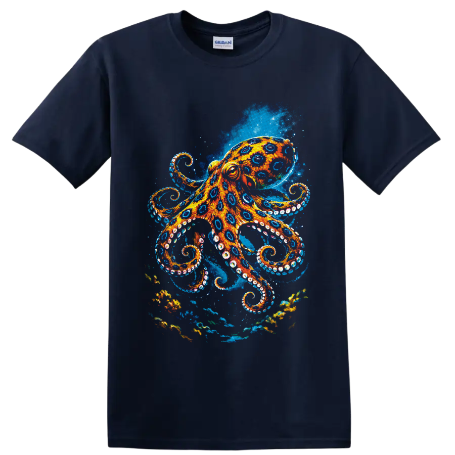 Vibrant orange and blue painterly octopus in a swirling underwater ocean scene on a Navy (Blue) T Shirt