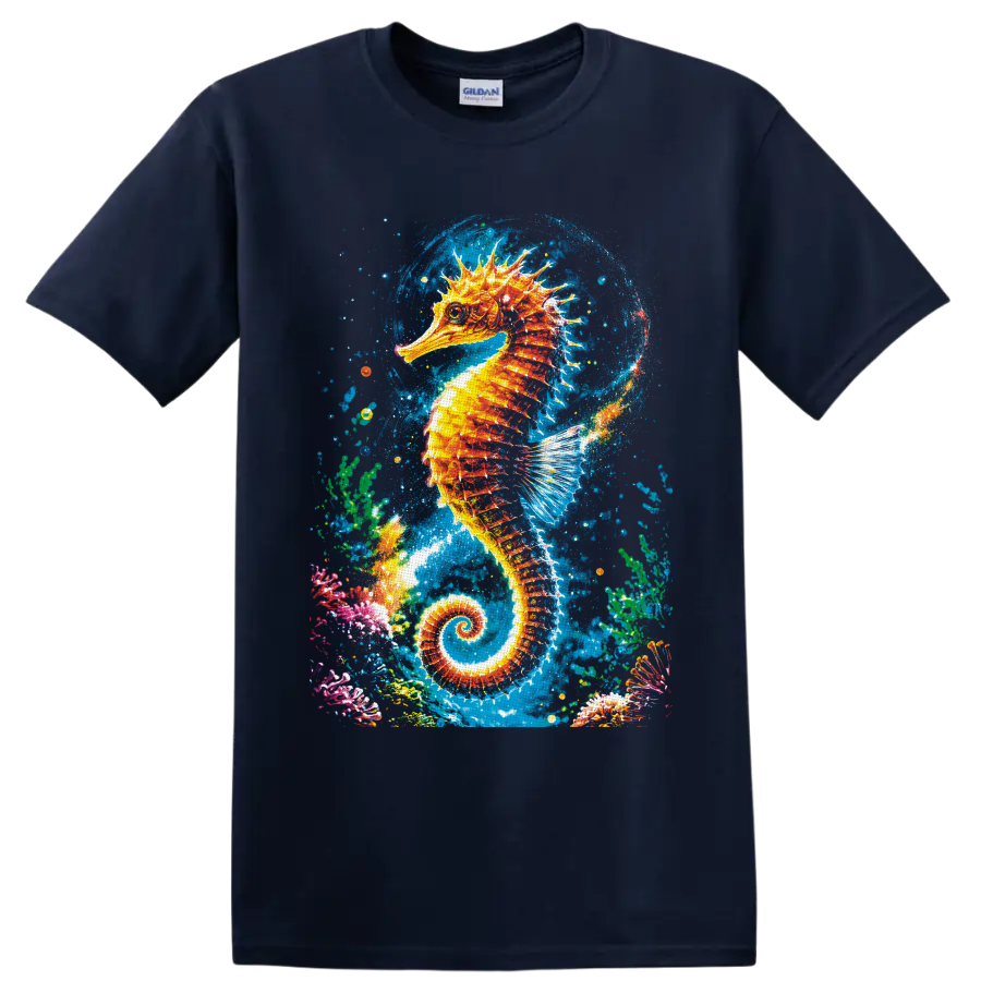 Vibrant splash-art seahorse surrounded by coral, bubbles, and blue underwater textures on a Navy (Blue) T Shirt