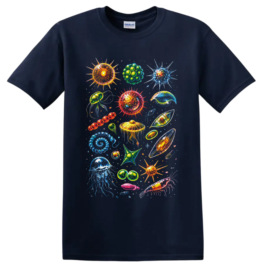 Colorful jellyfish, shrimp, shells, and microscopic sea life illustration on a Navy (Blue) T Shirt