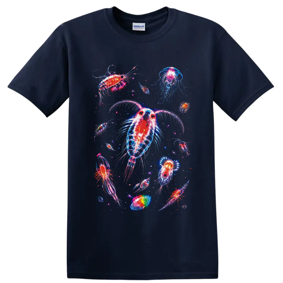 Neon bioluminescent plankton and jellyfish-like aquatic animals in glowing ocean art on a Navy (Blue) T Shirt