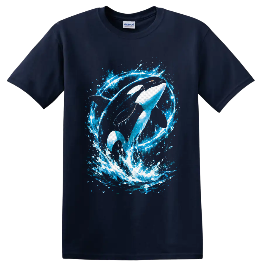Orca whale leaping through a vivid blue ocean splash in painterly graphic style on a Navy (Blue) T Shirt