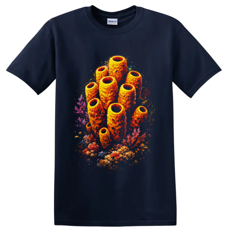 Vibrant orange sea sponge cluster with colorful coral reef artwork on a Navy (Blue) T Shirt
