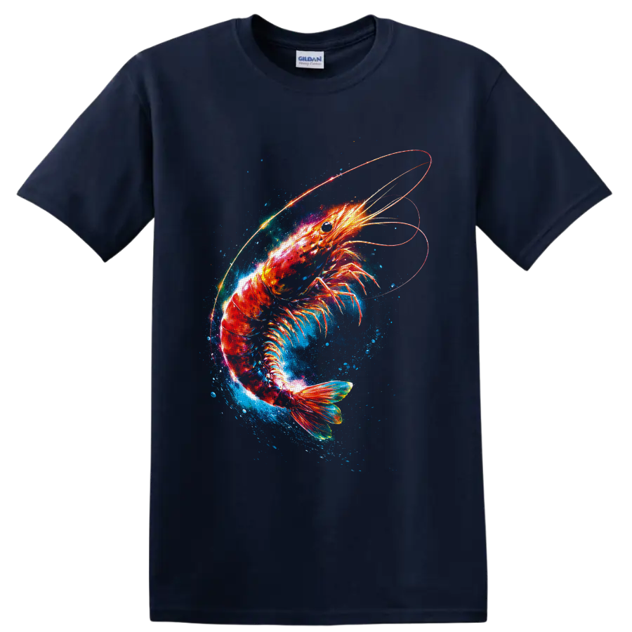Glowing cosmic shrimp with blue ocean splashes and luminous orbital rings on a Navy (Blue) T Shirt